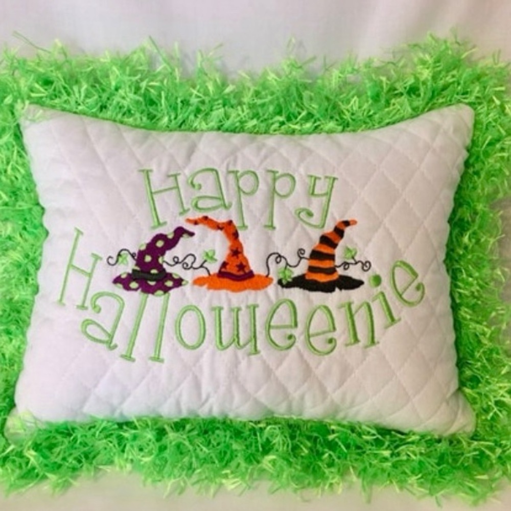 Halloween Pillow 12x10” Green Fringe Trim Holiday Decor